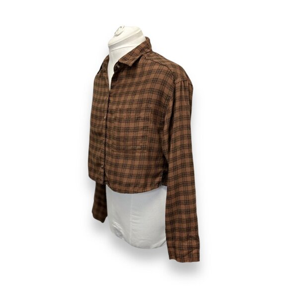 Hollister Womens Brown Plaid Oversized Boxy Cropped Button-Down Flannel Shirt XS - Picture 2 of 11